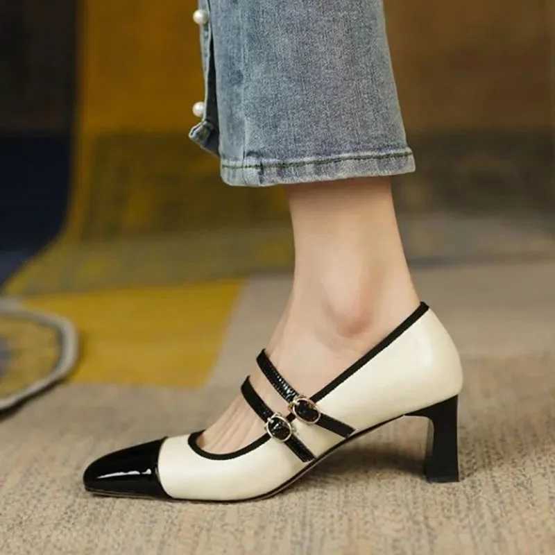Womens mixed color pump double button Mary Janes shoes black toe high-heeled dress shoes patch work zapatillas mujer tacon Y241019