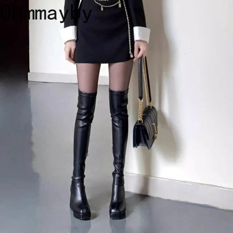 Autumn and winter street style elastic knee high boots for women fashionable round toe square platform high-heeled boots 241018