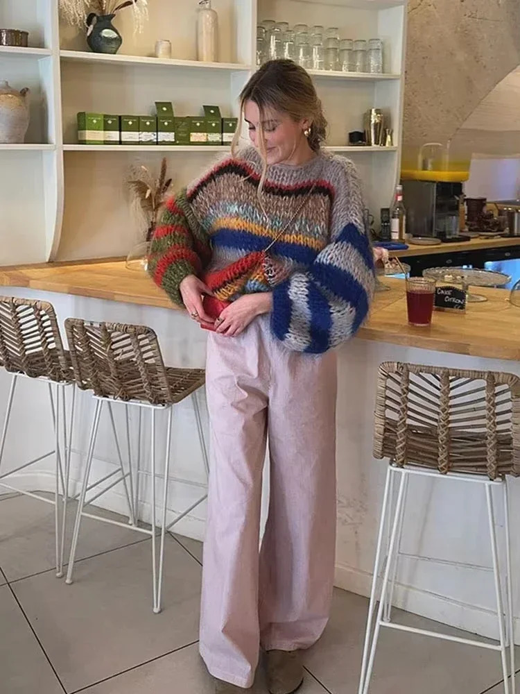 HOUZHOU Colorful Striped Oversized Sweater Women Elegant Mohair Jumpers O-neck Long Puff Sleeves Knitted Pullover Streetwear 241009