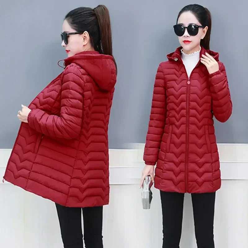 2023 Women Parka Winter Jacket Middle Old Hooded Mid Long Coat Warm Ladies Outwear High Quality Cotton Padded Casual Female TopsX241019