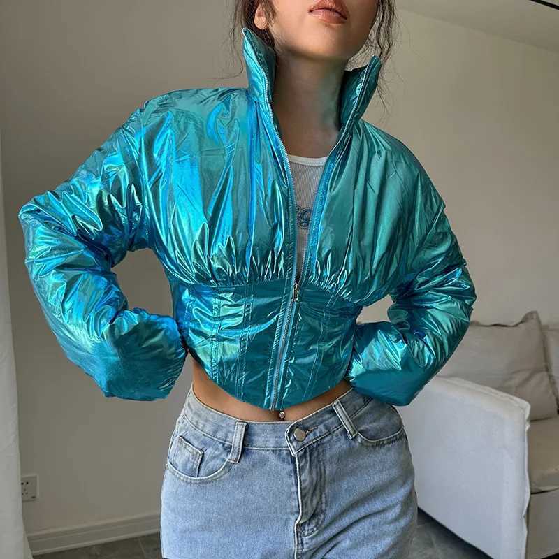 Women's Down Parkas Blue metal shiny bubble quilted coat womens 2024 winter warm park as a fashionable womens long Sleve crop inflatable jacket g
