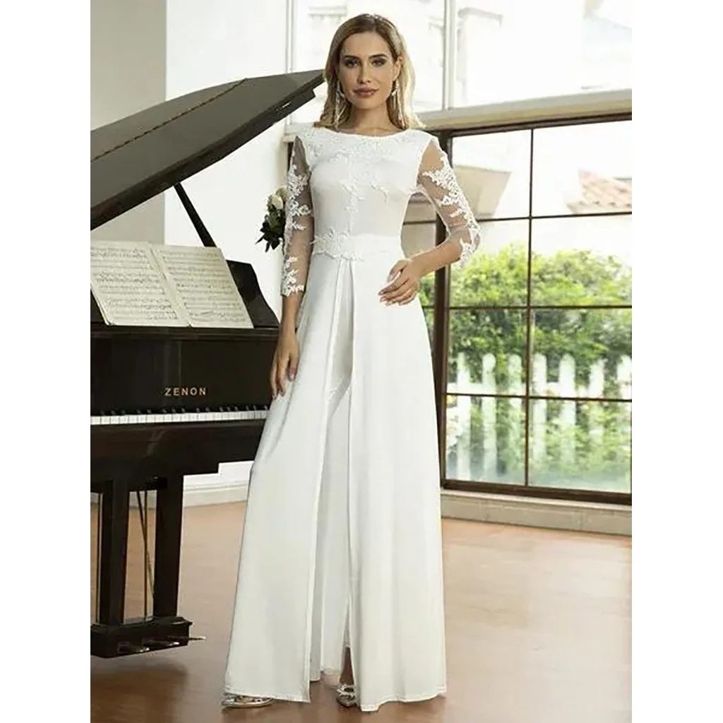 Ivory 3/4 Long Sleeves Bridal Jumpsuits Wedding Dresses With Overskirt Lace Appliques Scoop Neck Simple Elopement Jumpsuit 2025