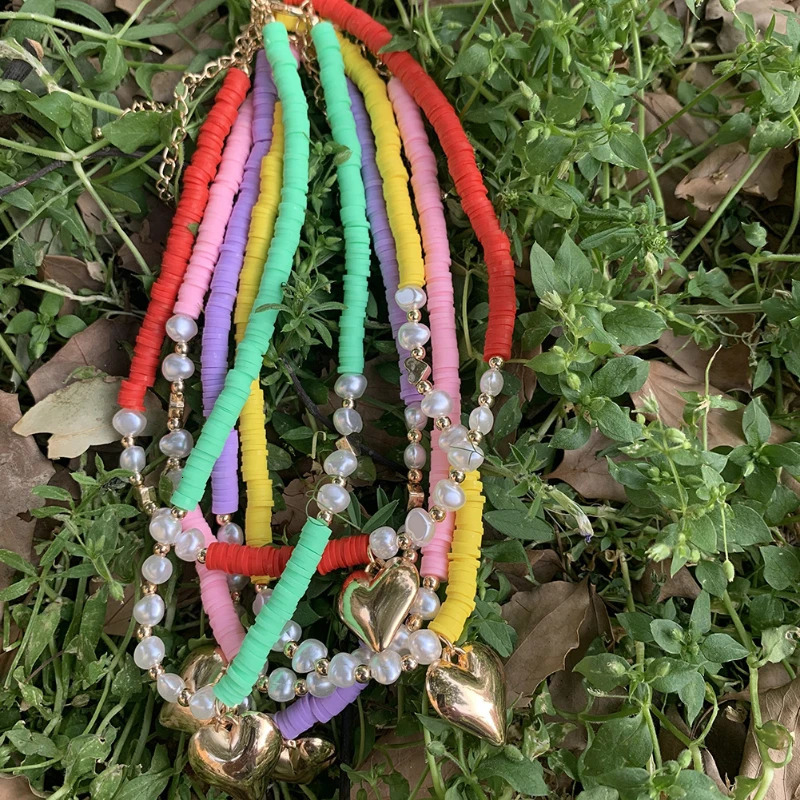 Bohemian Holiday Style Candy Colored Polymer Clay Pearl Stickers Necklace Love Pendant Necklace 241018
