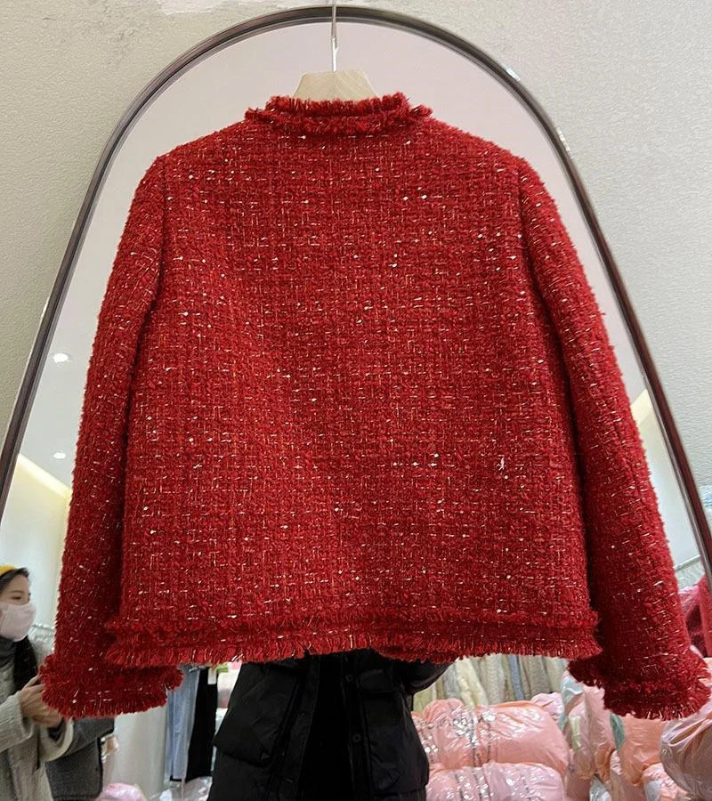Red Cropped Tweed Coat Women Korean Fashion Long Sleeve Autumn Winter Jacket Single Breasted Down Cotton Lined Warm Lady Outwear 241019