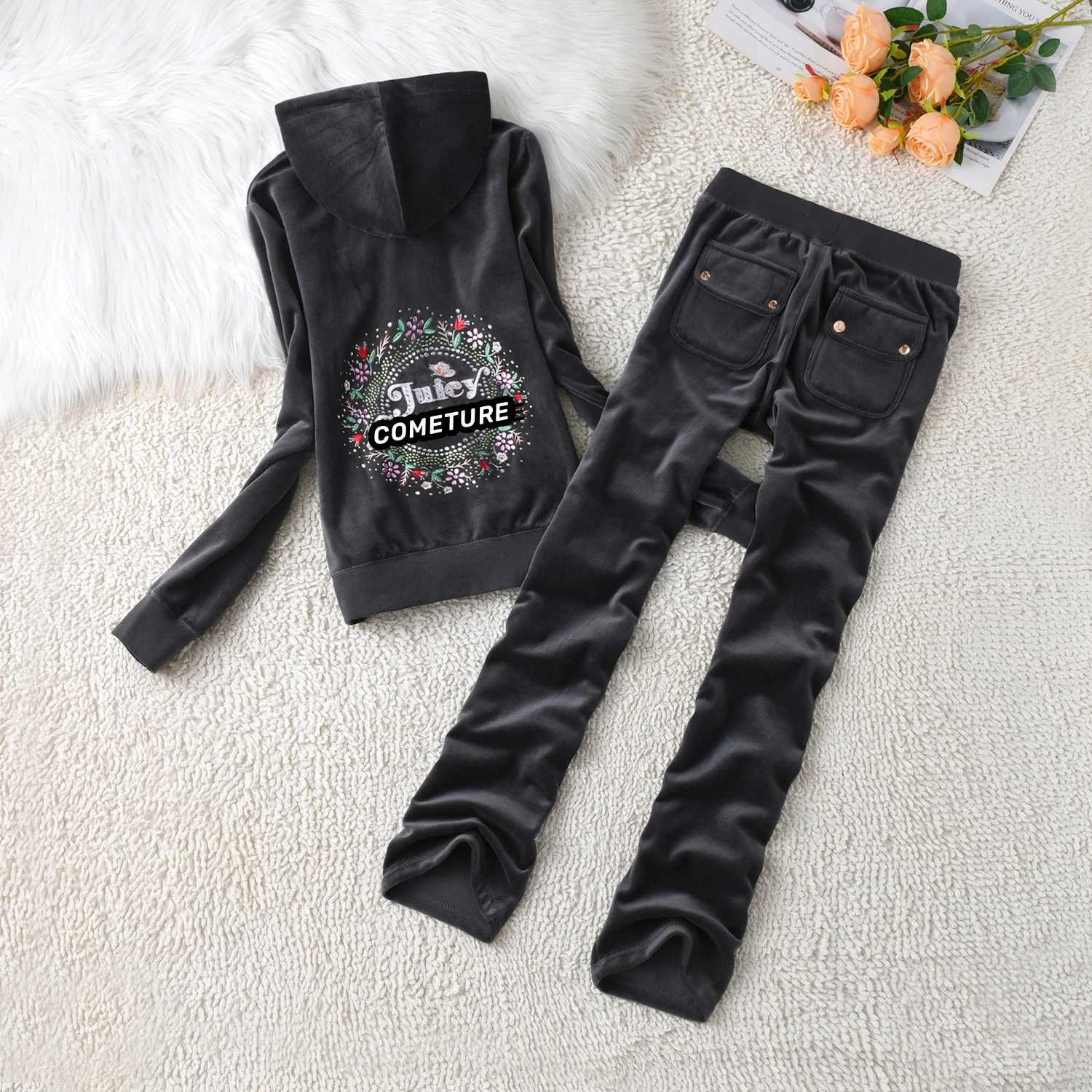 Women's Two Piece Pants 2025 New Juicy Cometure Velvet Tracksuit Embroidered Crystal Flower Pattern Hooded Sweatshirt Casual Sports Velvet Suit 2