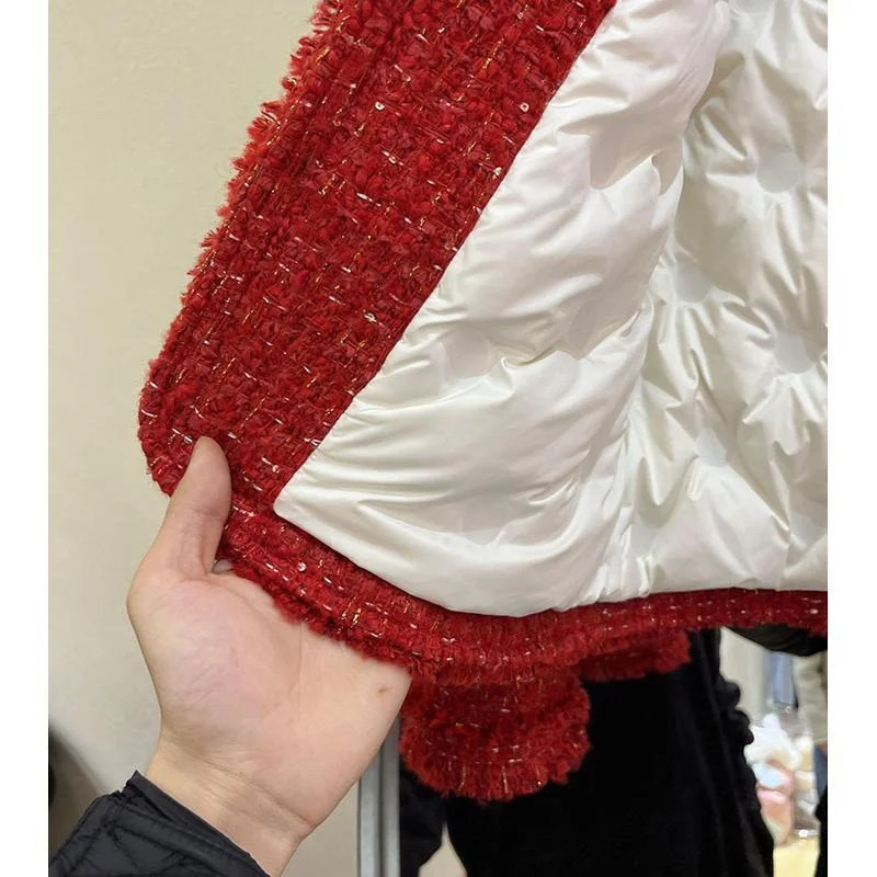 Red Cropped Tweed Coat Women Korean Fashion Long Sleeve Autumn Winter Jacket Single Breasted Down Cotton Lined Warm Lady Outwear 241019