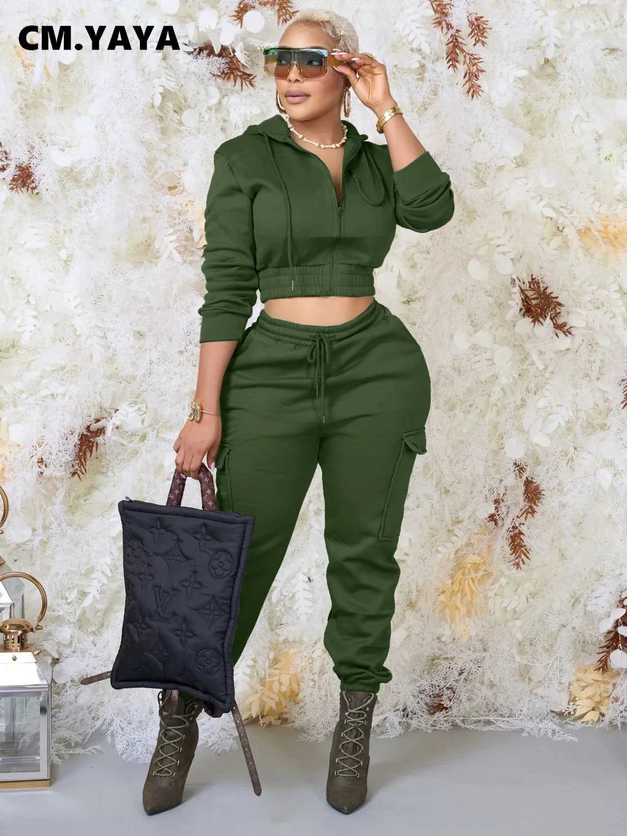 Women's Two Piece Pants CM.YAYA Flce Womens Set Long Sleve Zipper Hoodie and Running Pants 2023 Strt Cargo 2-piece Set Y241019WV5Y