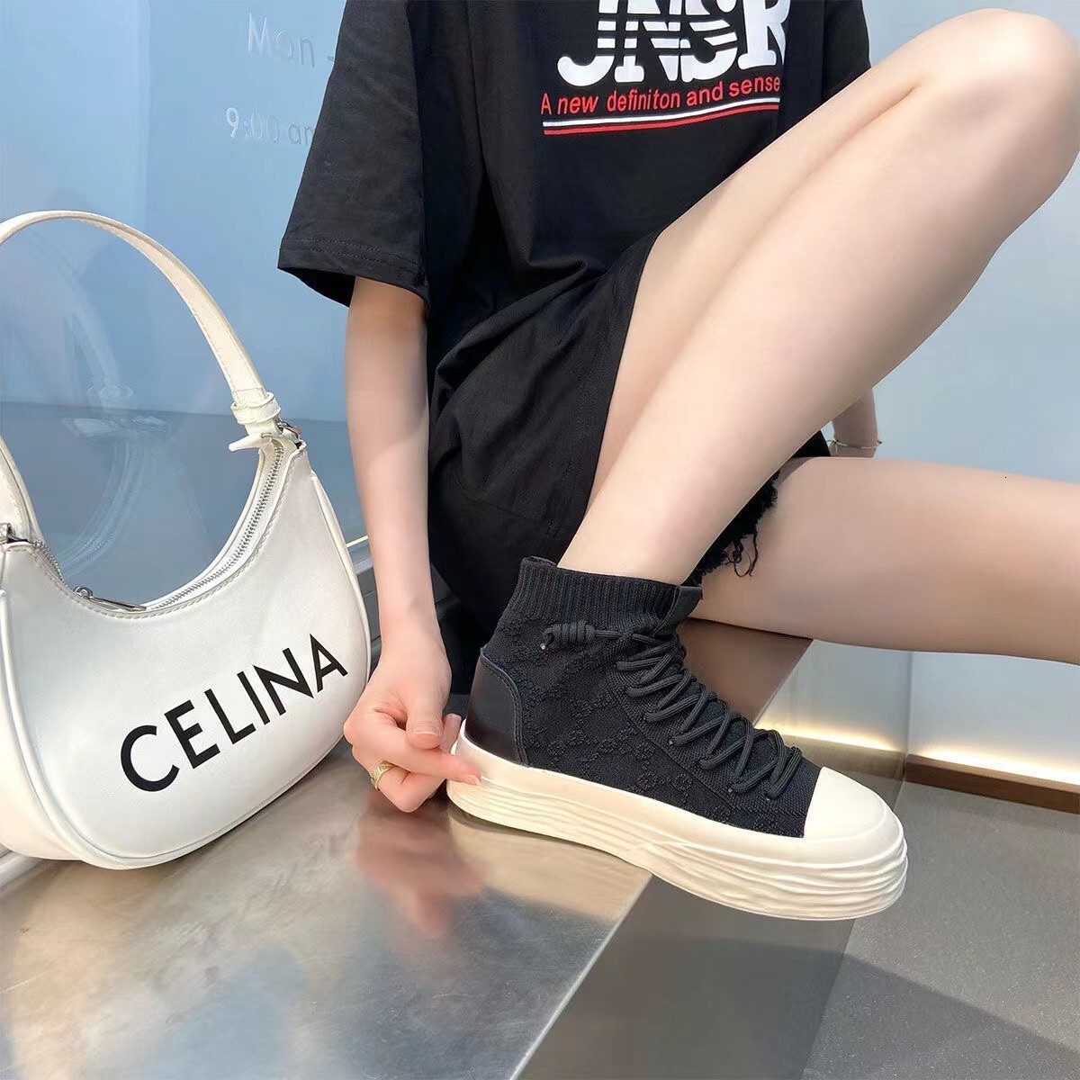 High top sock shoes for women in summer 2022, thin new style, thick sole dissolved shoes, breathable mesh, fly woven sports and leisure board shoes