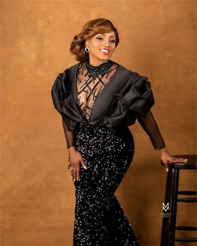 Black Plus Size Mermaid Prom Evening Dresses Illusion Long Sleeves Bg Sequins Beads Custom Made Formal Party Gown Sweep Train 6660312