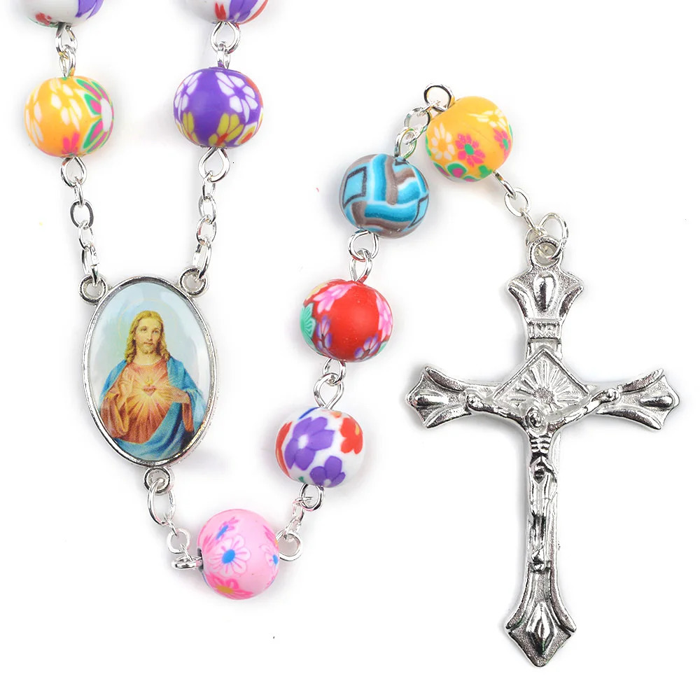 Colored polymer clay bead necklace Virgin Mary Christian Catholic rose necklace 241018