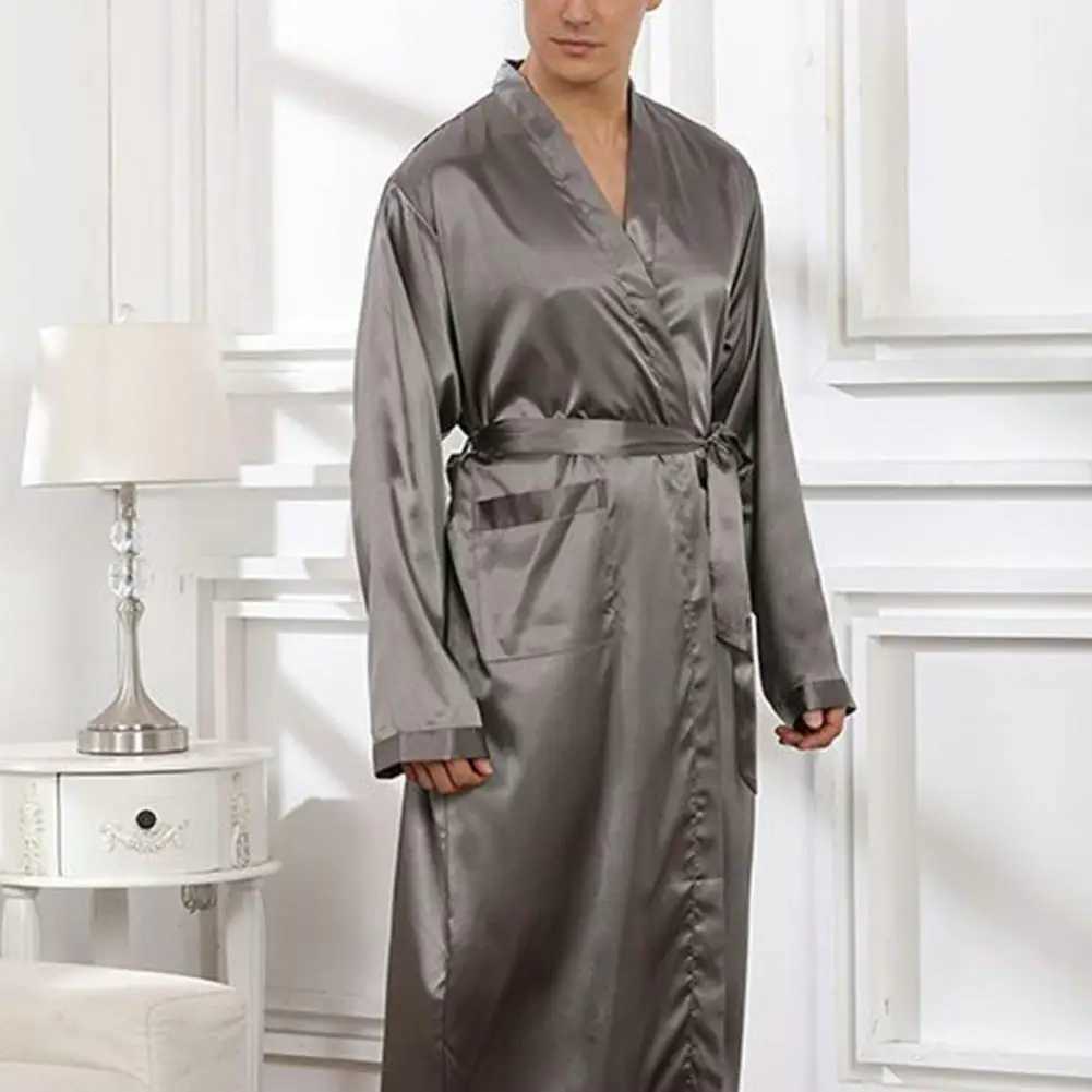 Men Bathrobe Long Nightgown Soft Silk Dressing Gown Bathrobe Lace Up Waist Belted Side Pockets Bathrobe Homewear Bath RobeXJ241018