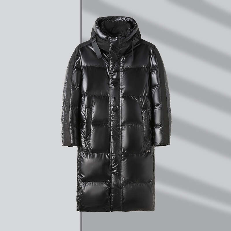 Black Mid Length Warm White Duck Jacket Men's Winter Hooded Bright Long Puffer Coats Outwear High-End Thick Top Down Parkas