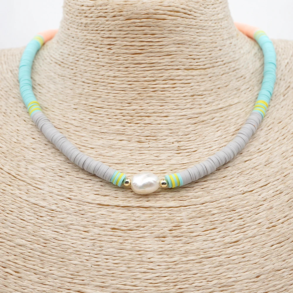 Go2Boho Vinyl Heishi Disc Beads Freshwater Pearl Polymer Clay Beads Necklace for Women Stainless Steel Chain 241018