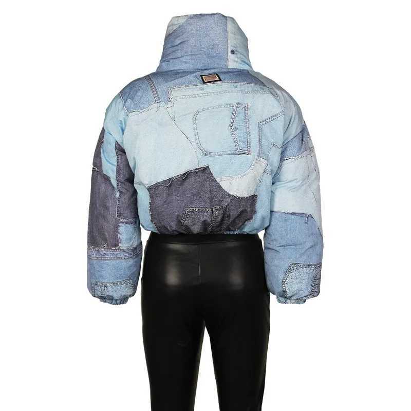 Women's Down Parkas New 2023 Womens Winter Denim 3D Printed Zipper Puff Crop Jacket Parkas Warm Thick Turtle Collar Zipper Bread Jacket Coat Y241