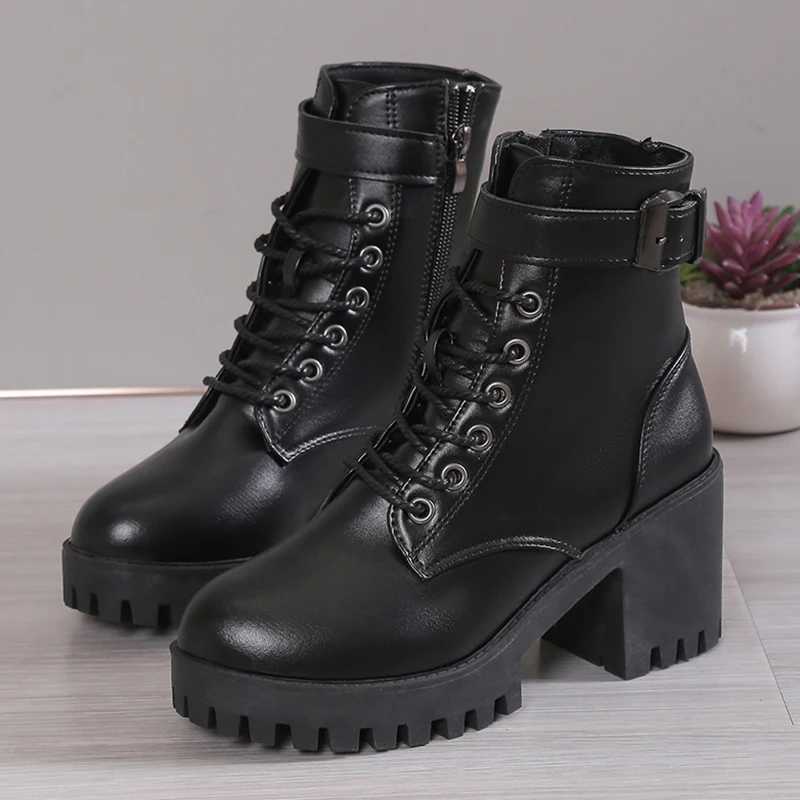 2023 Black PU Leather Platform Short Boots for Women Side Zipper Thick High Heels Punk Botas De Mujer Y241019