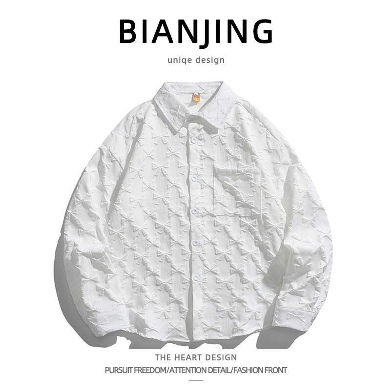 shanshi Men's shirts Trendy with butterfly knot texture design long sleeved men loose fitting versatile handsome solid color shirt for spring and