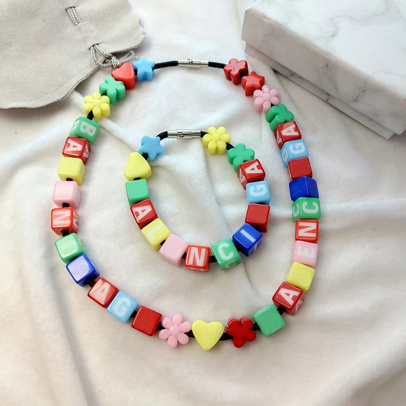 Candy colored cube brick necklace suitable for teenage girls Y2K jewelry black bead necklace letter toy fun jewelry 2000s aesthetics 241018