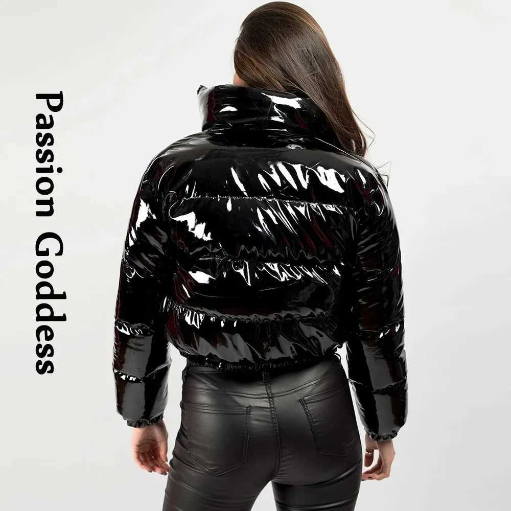 Women's Down Parkas Winter Women Shiny Leather Puffer Jacket Cropped Parka Down Warm Thick Bubble Coats Black PU Leather Parkas Loose Zipper Jack
