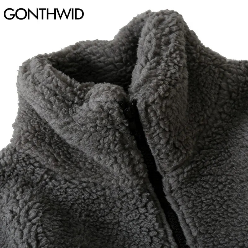 Hip Hop Winter Fleece Fluffy Jacket Streetwear Harajuku Fuzzy Zipper Coat Men Autumn Solid Color Lightweight Jackets Black Beige 241007