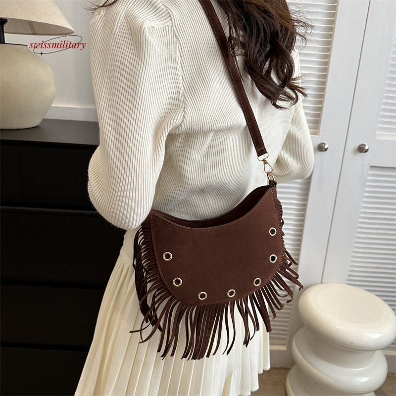 Tassel brown saddle shoulder niche ethnic controversy, West Asia crossbody bag, women's trendy travel bag #18 swissmilitary
