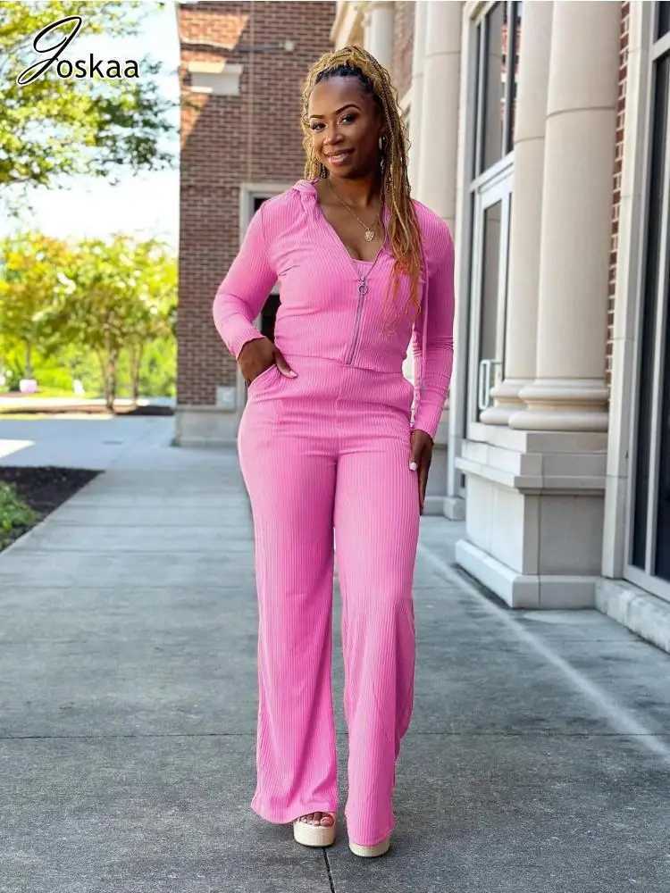 Womens Two Piece Pants Joskaya Ribbed Solid 3Piece Womens Casual Long Sleve Zipper HoodieCamisolStraight Pants Competition Autumn 2023 Track and Fie Y