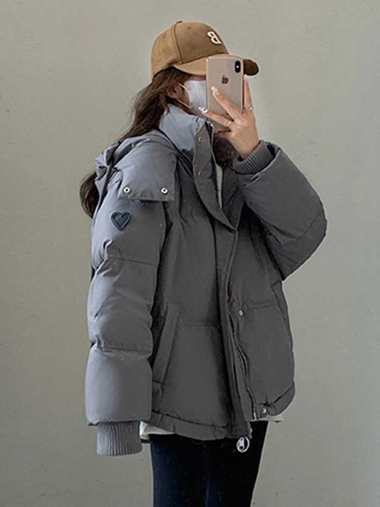 Zoki Love Print Cute Parkas Women Sweet Thick Warm Winter Puffy Coats Korean Casual Long Sleeve Loose Fashion Down Cotton JacketX241019