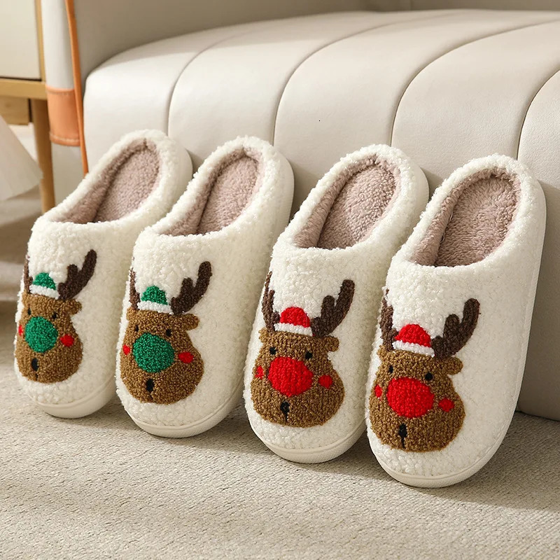 Christmas slippers womens home fluffy flip cover winter womens indoor cute deer gingerbread mens warm house plush shoes 241018