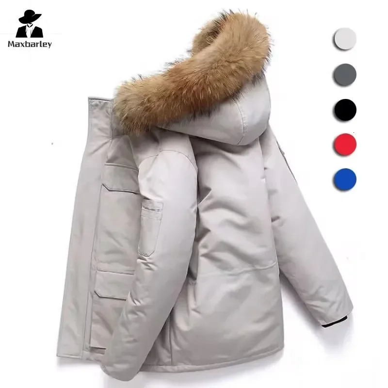 Mens Winter Down Jacket Fashionable Detachable Large Fur Collar Hooded White Duck Down Coat Womens Ski Multi Pocket Lightweight Park 241018