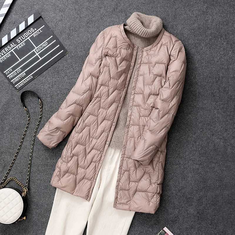 2024 New Winter Women Long Down Coat Ultralight Collarless Duck Down Jacket Female Padded Parkas O-Neck Puffer OvercoatX241019