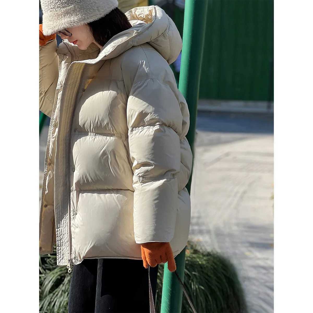 Hooded Down Jacket For Women Medium Length Gathered Waist Thickened And Soft 90% White Duck Down Puffer CoatX241019