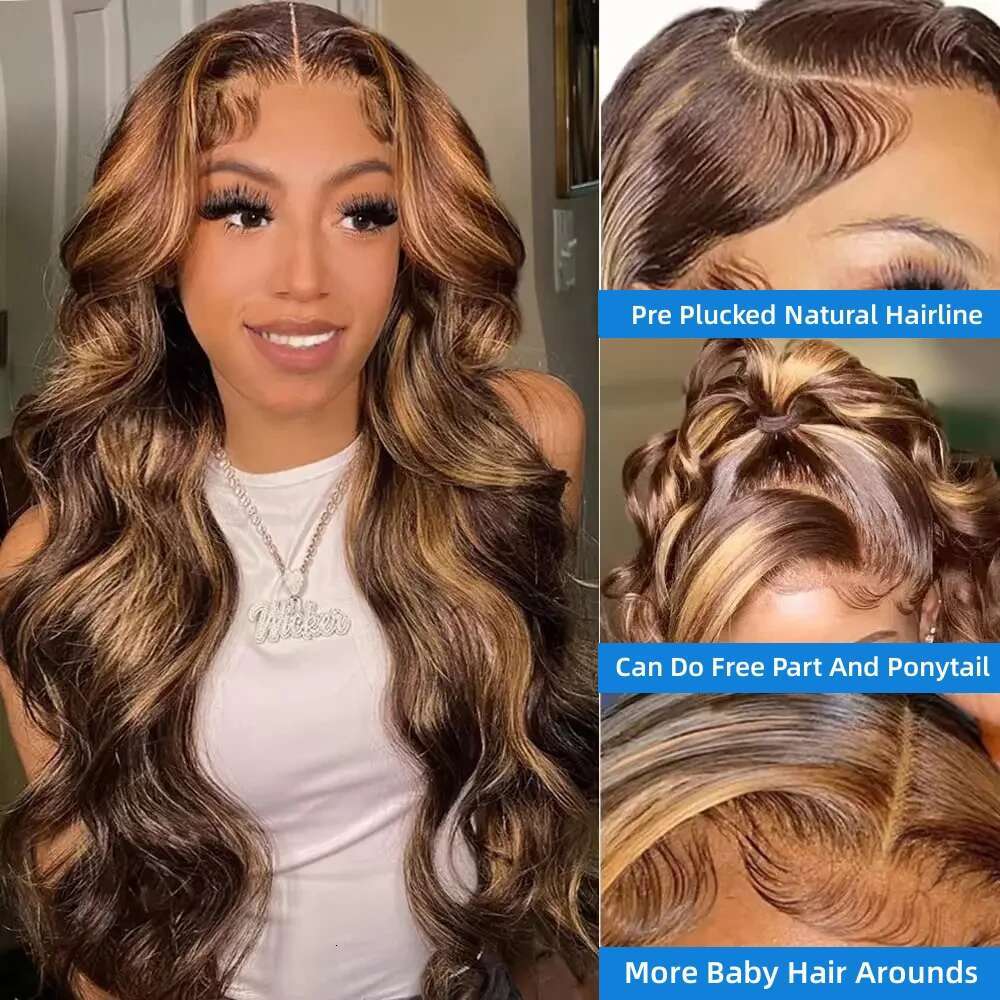 13x6 Highlight Human Hair Ombre Honey Blonde Colored 4x4 Closure Wigs For Women 34 30 Inch 13x4 Body Wave Lace Front Wig