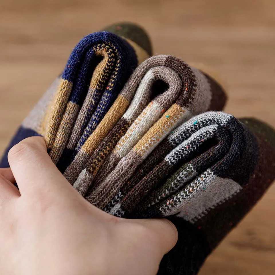 3 Pair Winter Mens Wool Socks Thick Warm Harajuku Retro Large Size Plaid Casual Cashmere Long Merino Socks MenXJ241019