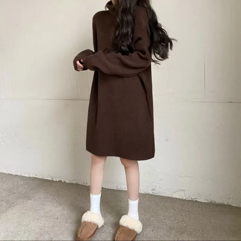 Turtleneck Warm Knitted Dress Women Autumn Winter Simplicity Solid Color Long Sleeve Midi Dress All-match Trend A-line Skirt 241010