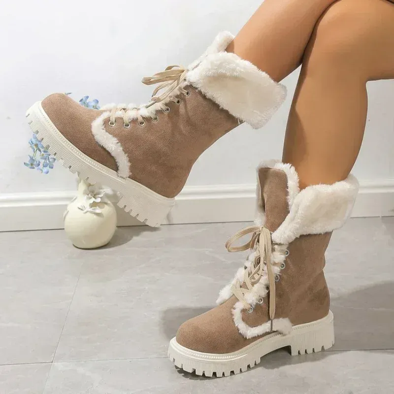 Thicken Plush Snow For Women Winter Faux Fur Platform Ankle Boots Woman Mid-Calf Lace-Up Womens Boots Thickened Cotton Shoes