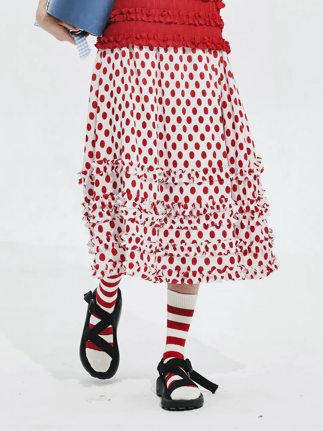 IMAKOKONI original n elastic waist polka dot lace stitching red skirt for women 244660 241019