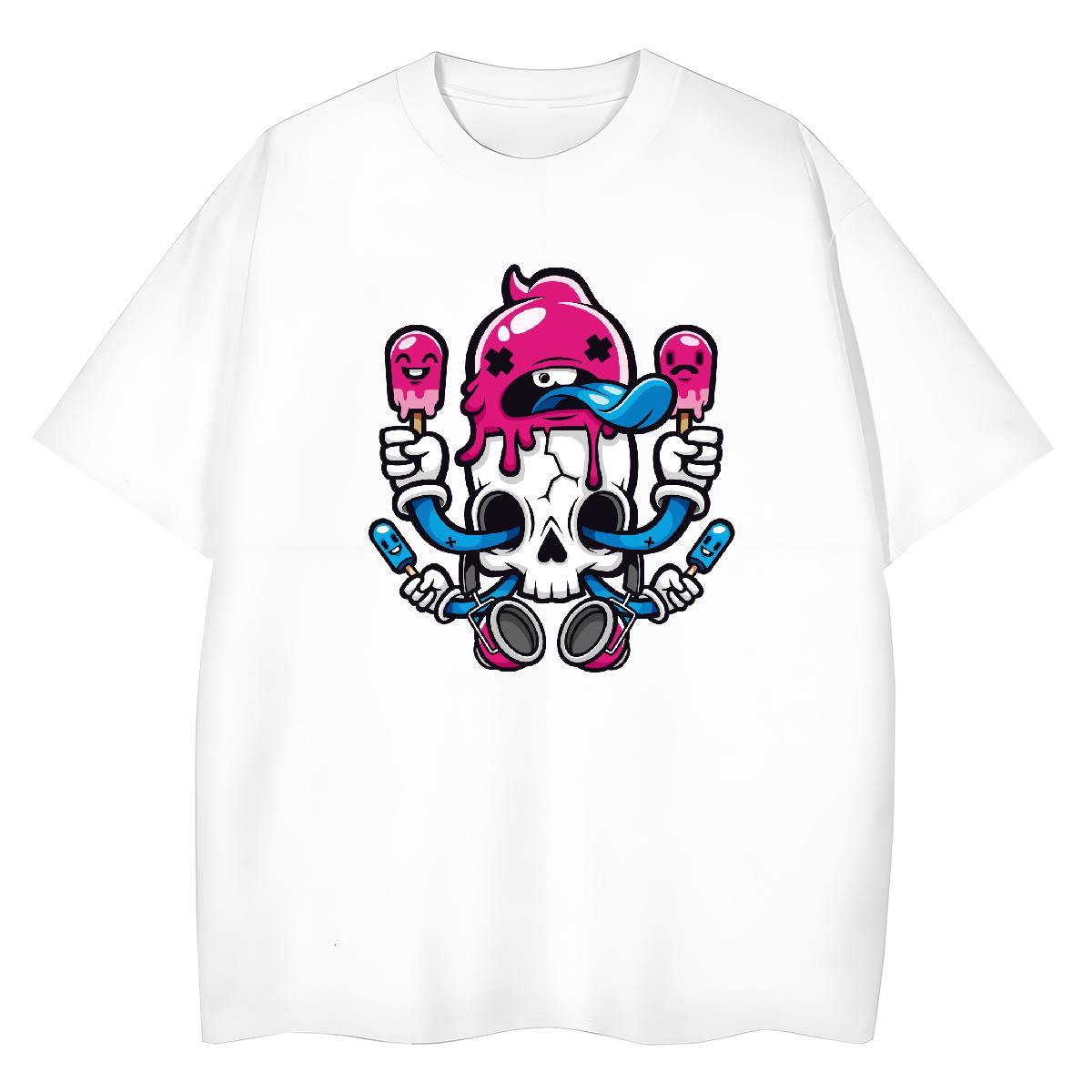 Casual New T shirt 230g Cotton Breathable Short Sleeve Beach skull Tshirt for Man Woman Unisex White Plus Size Tops