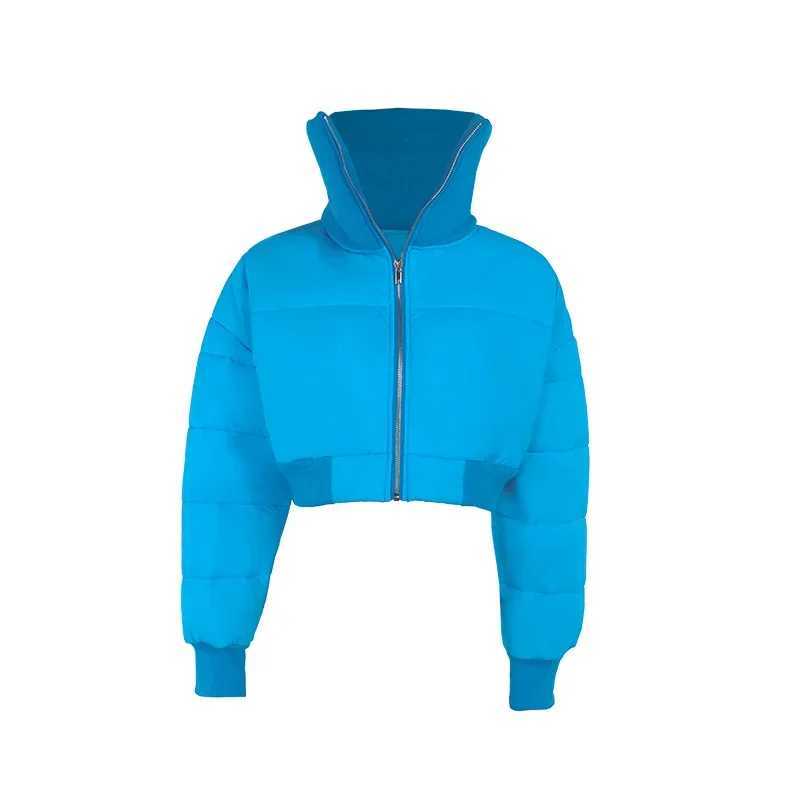Women's Down Parkas Fashion Women Stand Collar Crop Puffer Jacket Zipper Blue Bubble Coats Parka Down High Waist Slim Cotton Short Puff Jacket Pa