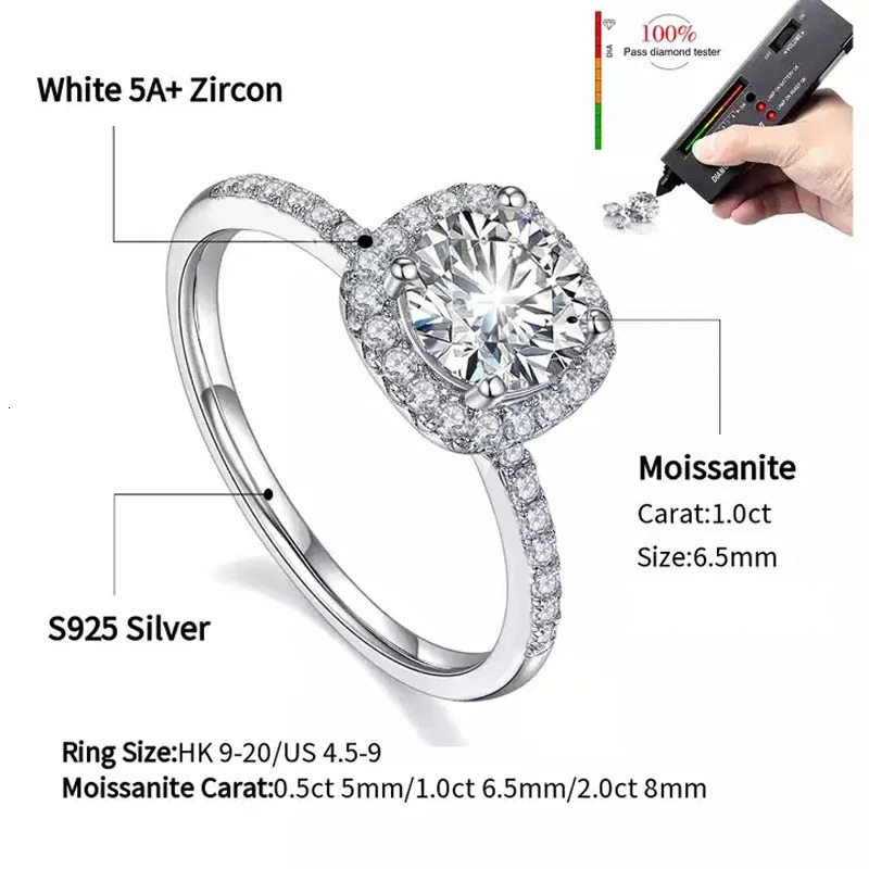 A genuine 925 sterling silver ring made of suitable for womens squares round 1CT 2CT 3CT shiny diamond finger strap wedding jewelry gift 241018