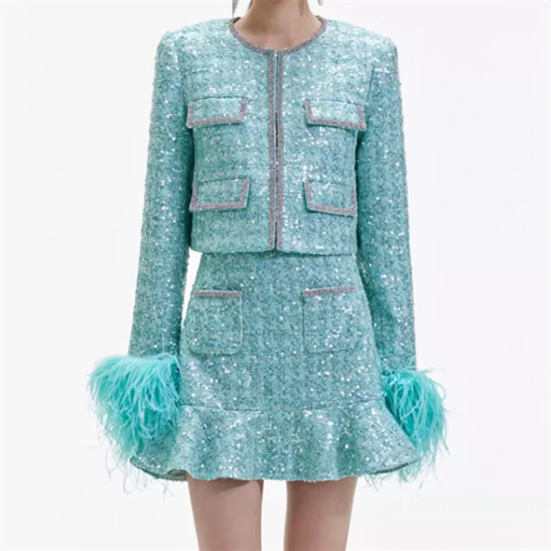 Women jacket autumn outerwears Fashion sequin decorative tweed Long sleeved top Feather patchwork coat y2k Blouse 241019