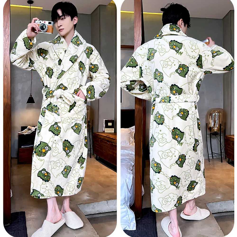 Casual Cartoon Dinosaur Mens Bathrobe For 82.5kg Winter Thicken Plush Double Warm Shower Robe Comfortable Soft V Neck SleepwearXJ241018