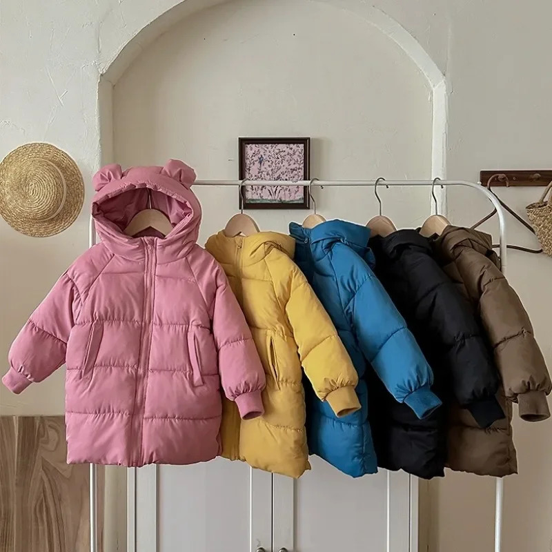 2024 Children Winter Jacket Girls Cotton Padded Parkas Baby Solid Coat Kids Long Hooded Waterproof Thicken Snowsuits 241018