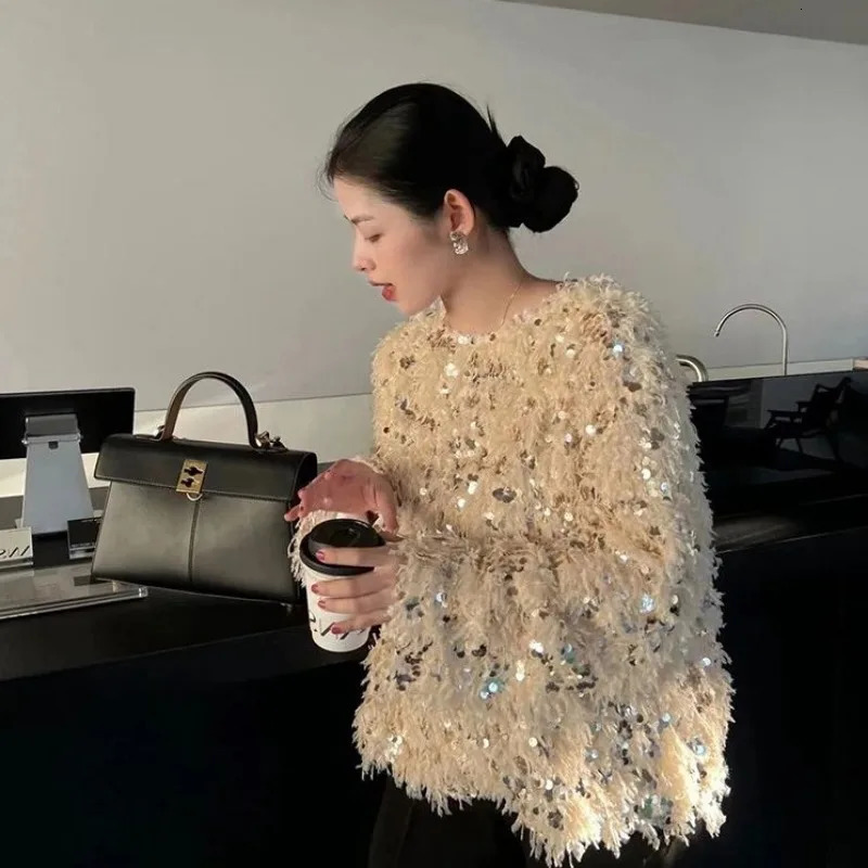Neploe Heavy Sequin Tassel Sweaters Female Autumn Oneck Loose Tops Women Y2k Fashion Long Sleeve Knitted Pullover 241010