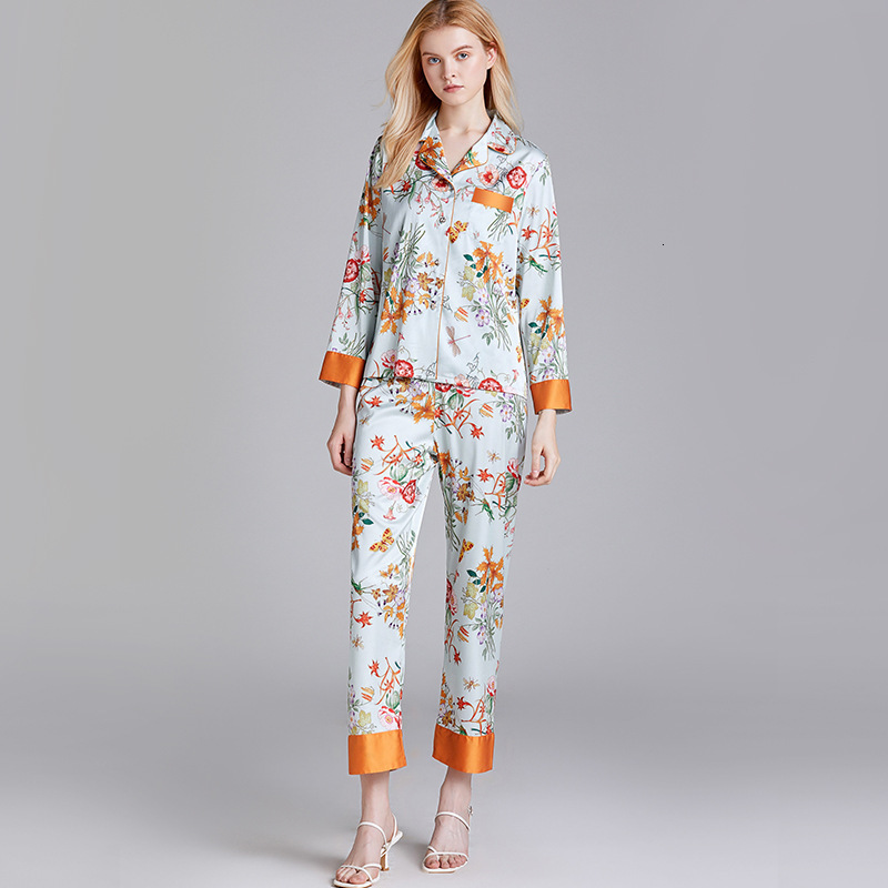 Designer's Autumn New Women's Pamas Plus Size 2-piece Set Of Imitation Silk Home Pajamas