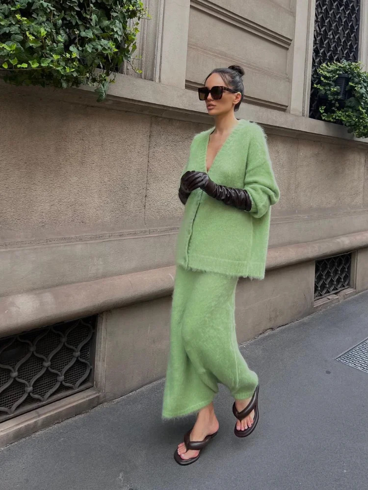 Elegant solid Mohair Skirt womens autumn knitted V-neck cardigan 2-piece loose long fashionable party set 241018