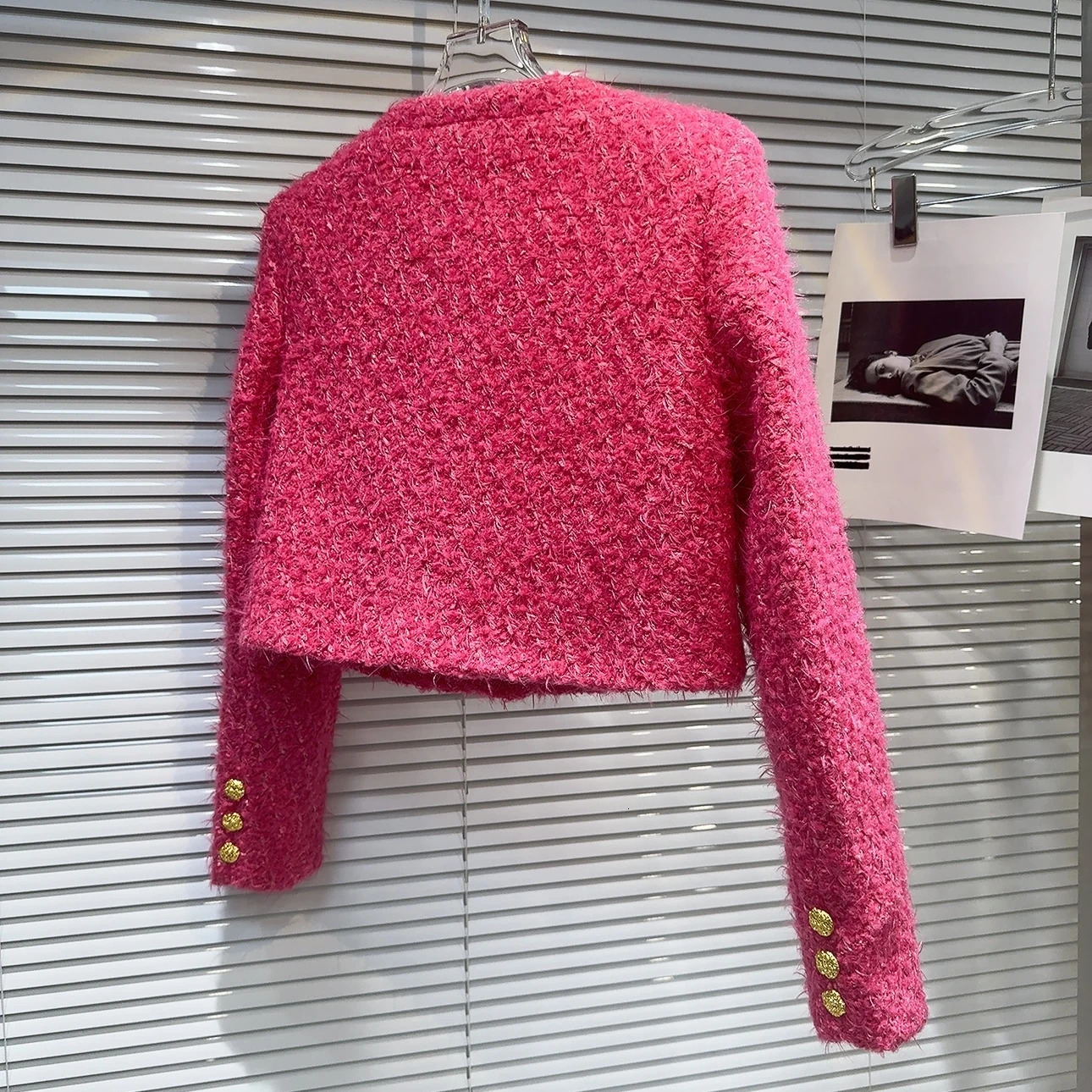 PREPOMP Autumn Arrival Big Gold Buttons Tweed Jacket Rose Pink Short Coat Women GS501 241019