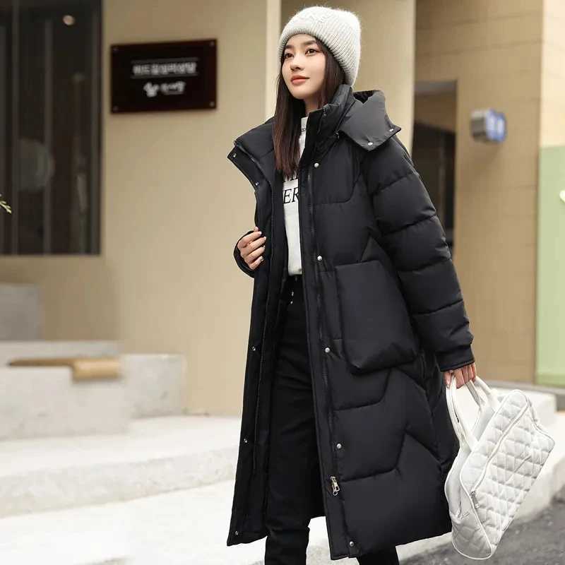 2023 New Winter Long Down Cotton Jacket For Women Zipper Hooded Parkas Coat Female Loose Padded Thicken Warm Snow Wear JacketsX241019