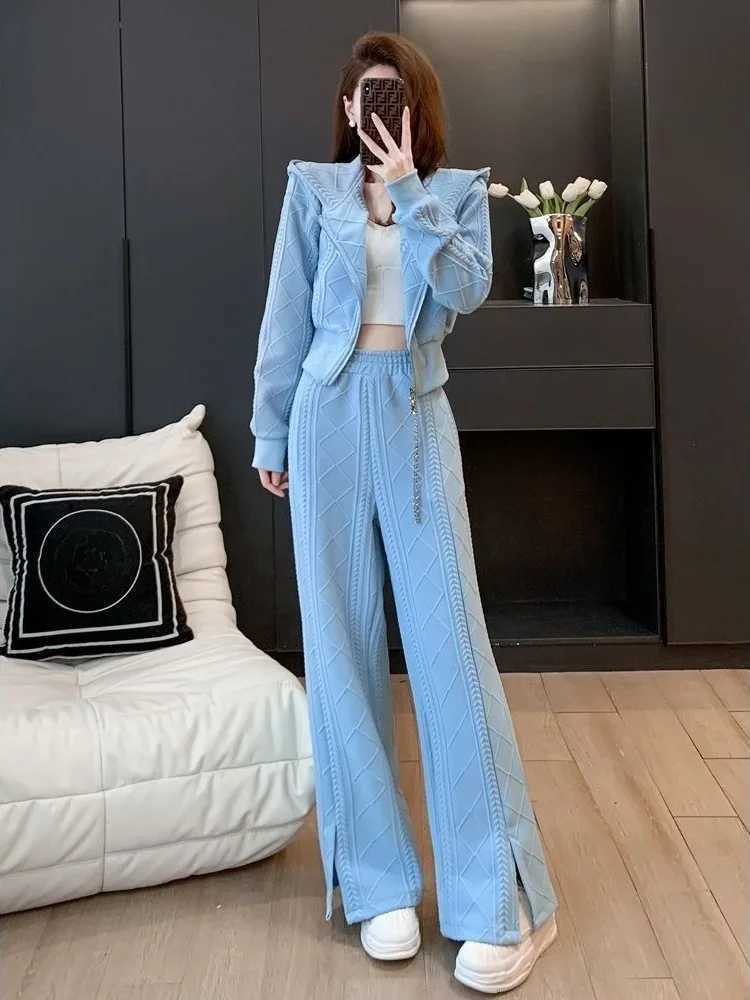 Women's Two Piece Pants Slit Wide Leg Womens Pants Two Piece Set Blue Tracksuit Autumn Winter Sport Ladies Trouser Hooded Sweatshirt Tailor D Lux
