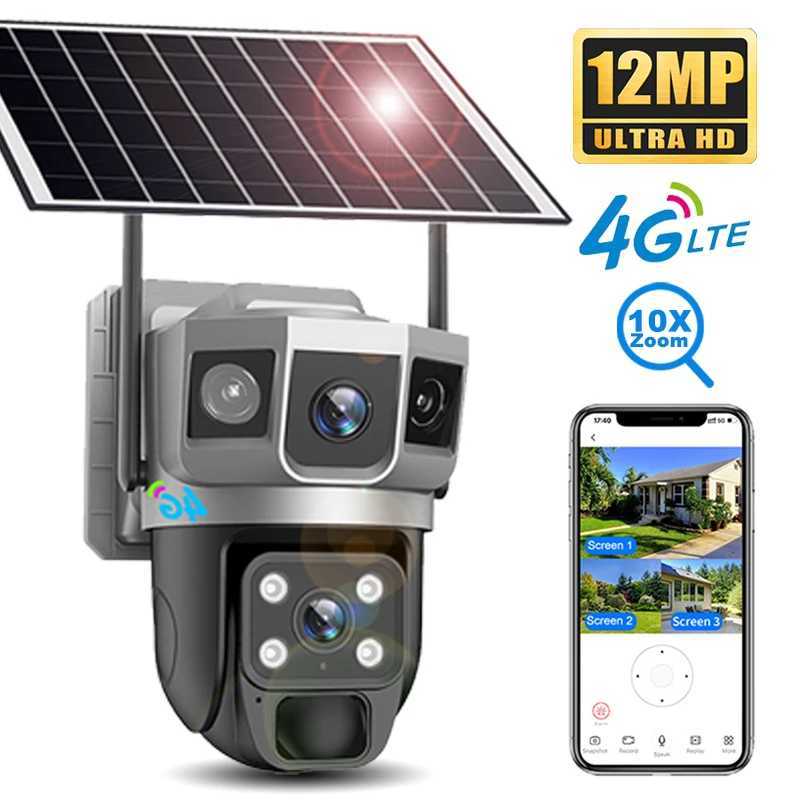 Camera 12MP Solar Camera 4G Sim Outdoor Dual Lens Three Screen 6K IP Camara Solar Panel CCTV Security Built in Battery PIR Cam V380 Z241019