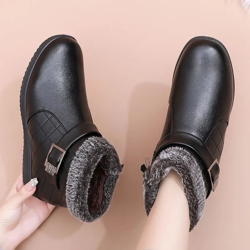 Plush shoes winter womens boots orthopedic ankle boots waterproof leather shoes womens warm wedge boots plain weave fur lined boots 241018