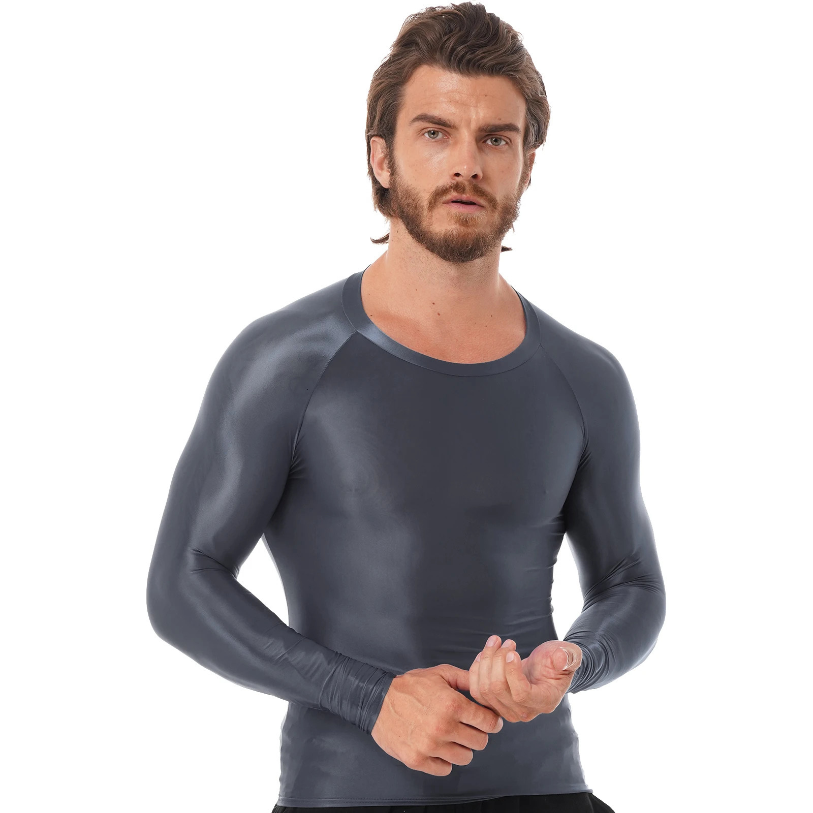 Mens smooth sports top long sleeved T-shirt solid color slim fit breathable fitness gymnastics sports top yoga beach swimsuit 241019